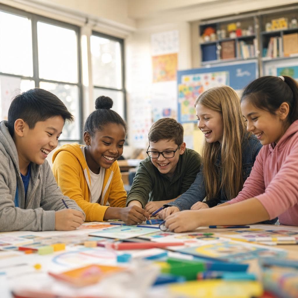 Five children of different backgrounds leaning over a table together on a craft activity