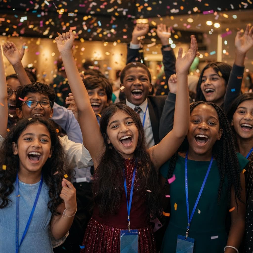 Children celebrating together at a friendly skills competition