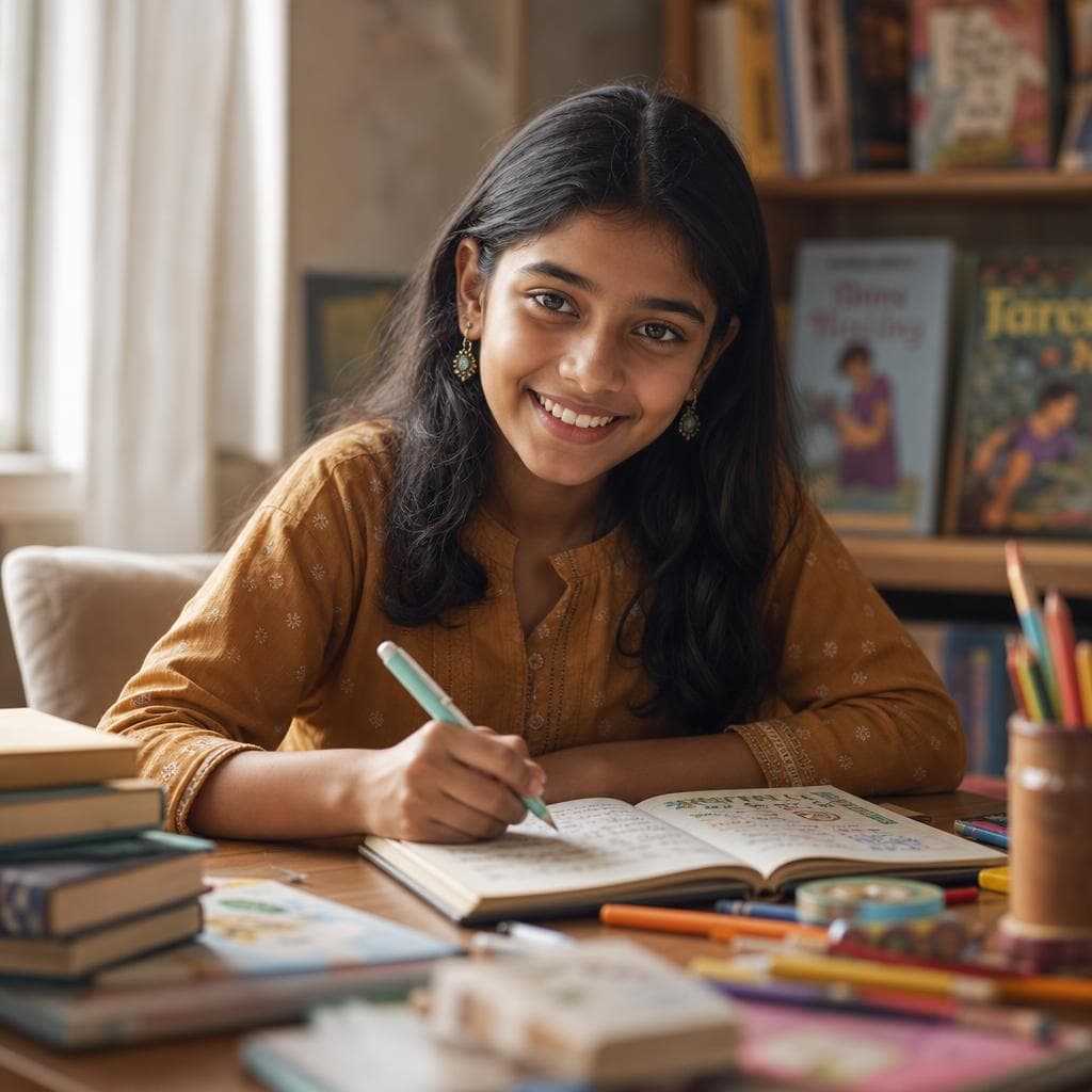 A girl about twelve smiling over an open journal at a desk stacked with books and coloured pencils