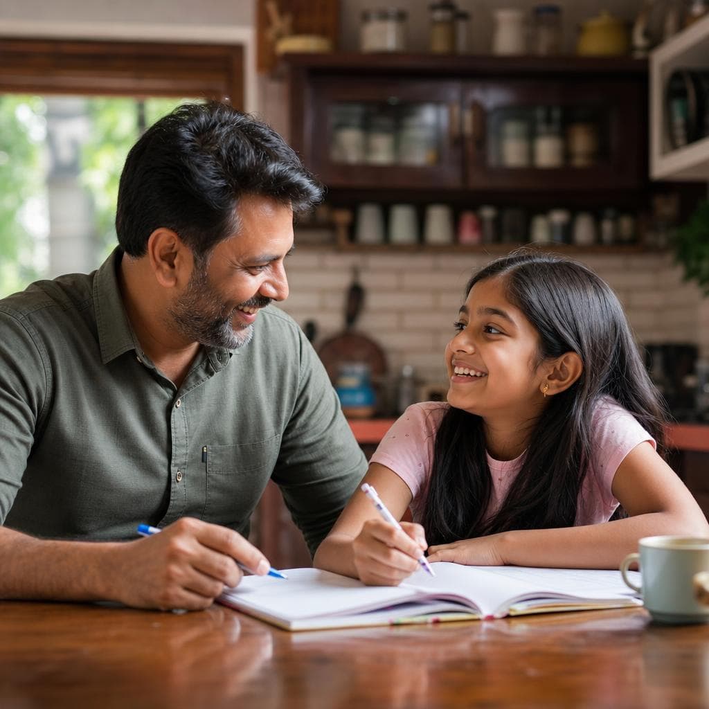 A parent and child sitting side by side in conversation