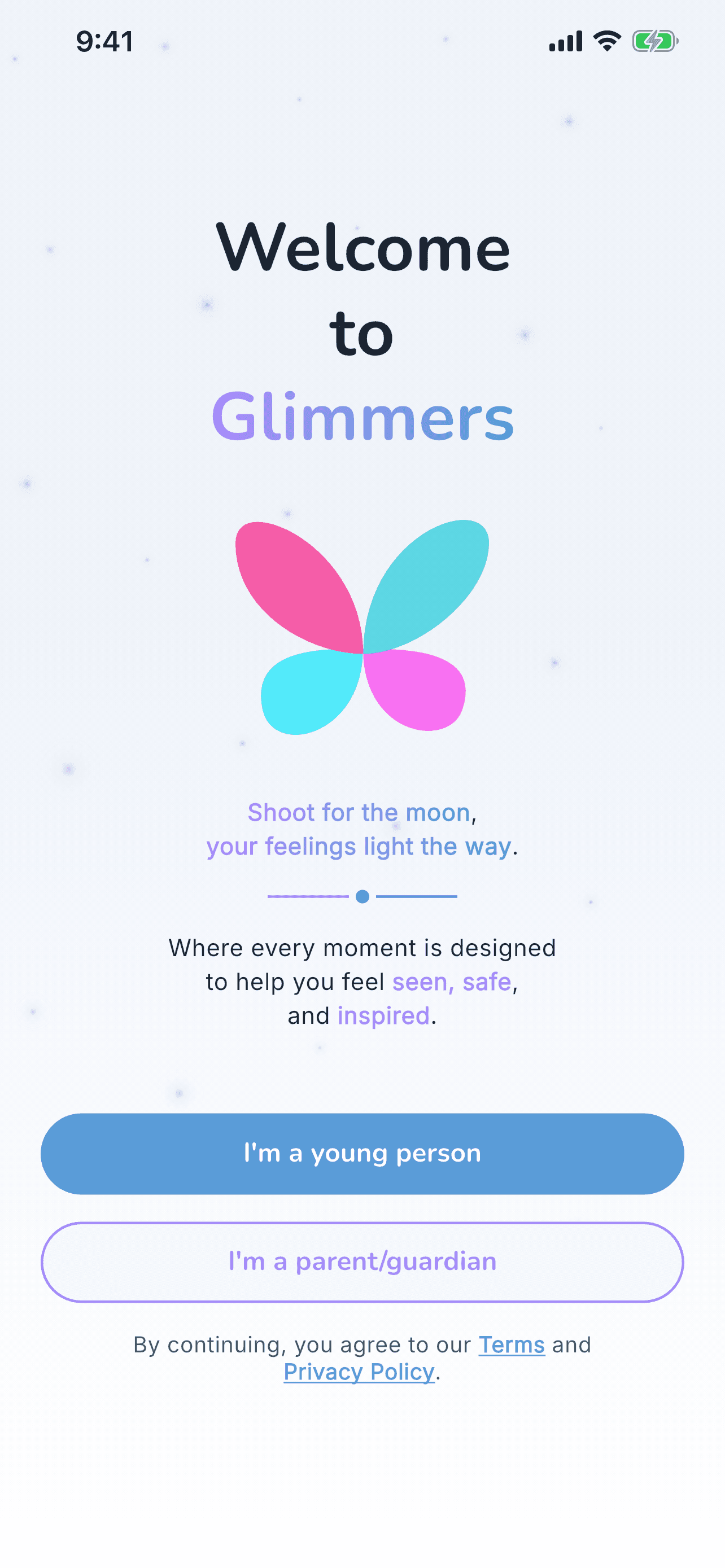 The Glimmers app welcome screen: Welcome to Glimmers, with options for a young person or a parent/guardian